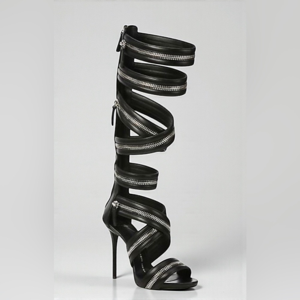 Giuseppe Zanotti Knee-High Zipper Strappy Black Gladiator Heels Size EU 41